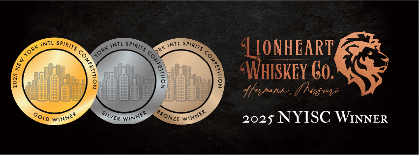 Image of three award medals from the 2025 New York International Spirits Competition presented to Lionheart Whiskey Co. in Hermann, Missouri—Gold for Single Barrel Rye Whiskey (95 points), Silver for Small Batch Rye Whiskey (93 points), and Bronze for Coalesce Bourbon and Rye blend (91 points). Showcasing award-winning Missouri-made whiskeys available locally.